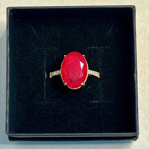 🆕 14k Over Sterling Silver Ruby Red CZ Surrounded by Moissanite Ring-Size 7.5